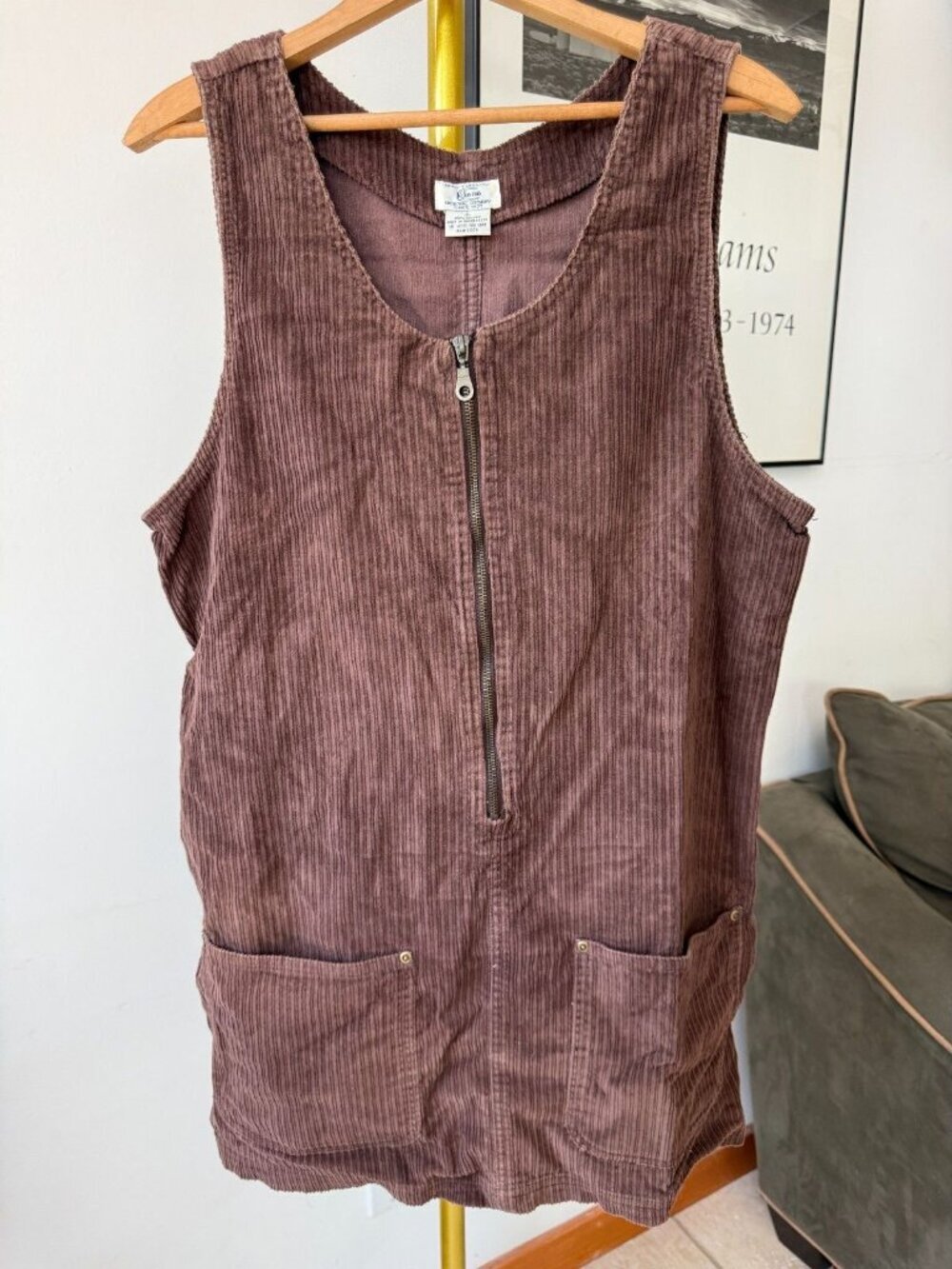 Vintage Corduroy Jumper Dress Brown Kikomo Sleeveless Zip Front Women L 1042
